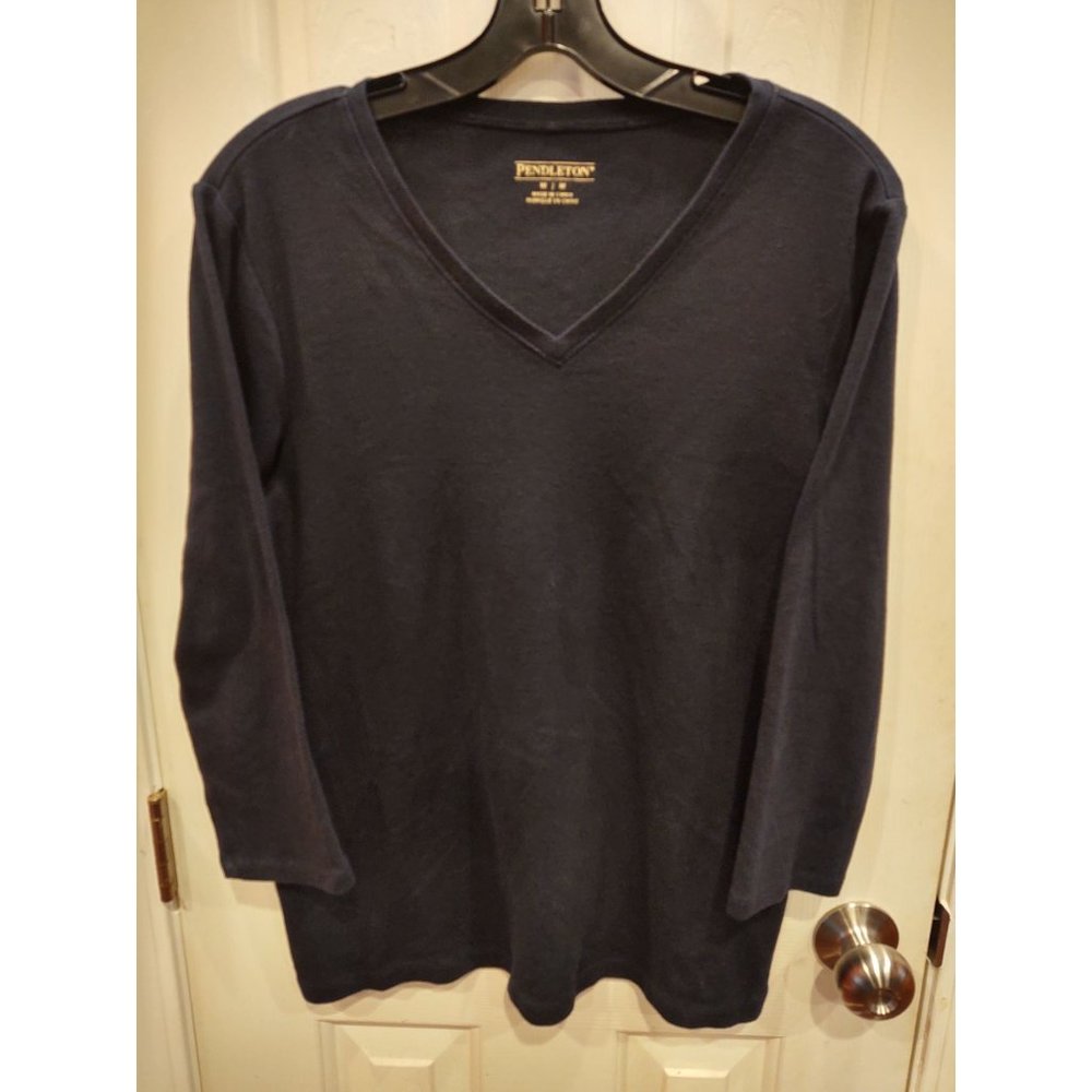 Pendleton Womens V Neck T Shirt M Navy Blue Long Sleeve Activewear Outdoors